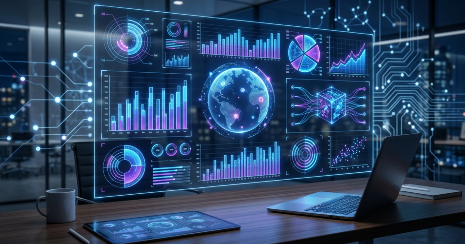 AI business intelligence dashboard with holographic data visualizations and charts